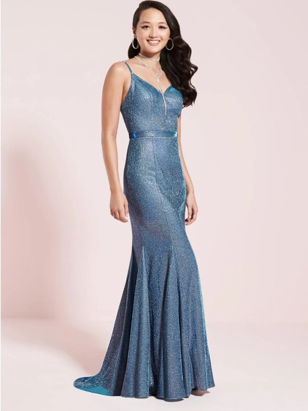 NWT ✨ STUDIO 17 12801 Blue Glitter Spaghetti-Strap Gown royal/turquoise - 6